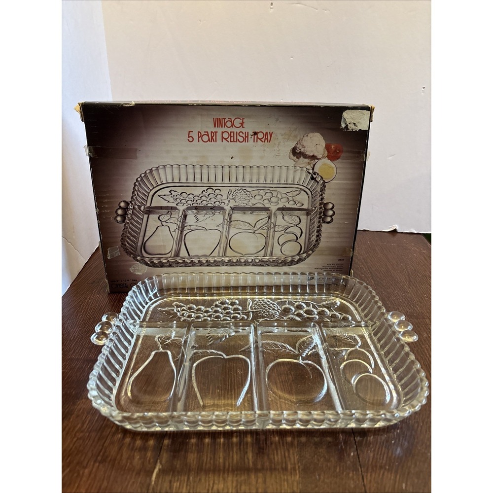 Vintage Indiana Glass Clear‎ Divided 5 Section Relish Serving Platter Fruits NOS